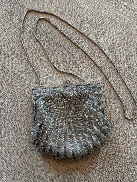 Handbags - Antique Retro Silver Beaded Shell Evening / Bridal Bag.